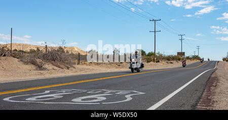 California USA. May 30, 2019. Route 66 and motorcycles. Group of bikers riding motorbikes in a historic route 66  highway, spring sunny day,