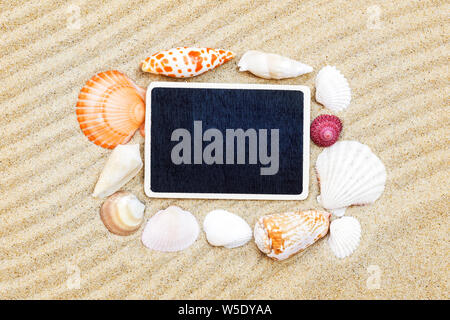 Blank sign and seashells on sand background Stock Photo