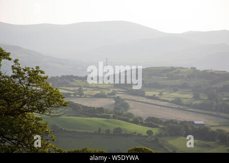 A view along the Vale of Conwy to the mountains of Snowdonia on a summer evening near the village of Eglwysbach Conwy North Wales Stock Photo