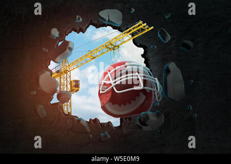 3d rendering of hoisting crane carrying helmet for American football and breaking hole in black wall with blue sky seen through. Stock Photo