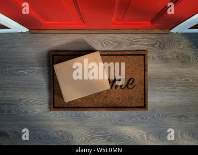 Delivered outside the door, e-commerce purchase on welcome mat. Add your own copy and label Stock Photo