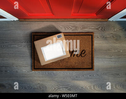 Delivered outside door, e-commerce purchase on welcome mat. Add your own copy and label door, e-commerce purchase sitting on welcome mat. Add your own Stock Photo