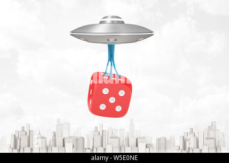 3d rendering of silver metal UFO carrying red casino dice on white city skyscrapers background Stock Photo