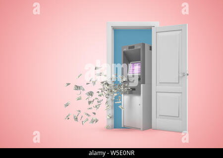 3d rendering of white open doorway with dollars falling out of ATM machine on light pink background Stock Photo