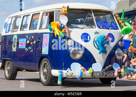 Swanage, Dorset, UK. 28th July, 2019. Thousands flock to Swanage Carnival to see the procession parade on the theme of Swanage Goes Musical on a warm sunny day. Credit: Carolyn Jenkins/Alamy Live News Stock Photo