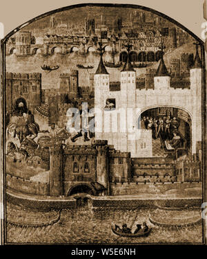 French illustration 1912 showing an even older illustration - Charles d'Orleans, Duke of Orleans (1394 – 1465) Medieval poet - A prisoner in the White Tower 'Tower of London' - showing an internal view of the tower from traitors gate with London Bridge, St Paul's and the city of London behind -Also Duke of Valois, Count of Beaumont-sur-Oise and of Blois, Lord of Coucy, and the inheritor of Asti in Italy - He's credited with writing the 1st Valentines Day poem Stock Photo