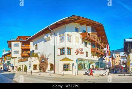 ZELL AM SEE, AUSTRIA - FEBRUARY 28, 2019: Explore old town with preserved medieval mansions, housing hotels, stores, restaurants and art galleries, on