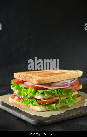 Sandwich with bacon,tomato, onion, salad on black background. Isolated. Space for text. Stock Photo
