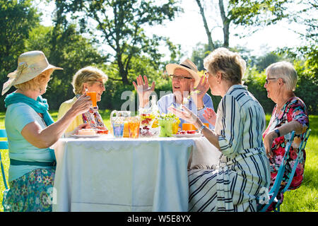 Senior friends having picnick with coffee and cake outdoors in sunshine, one man is talking and four women are listening to him. Stock Photo