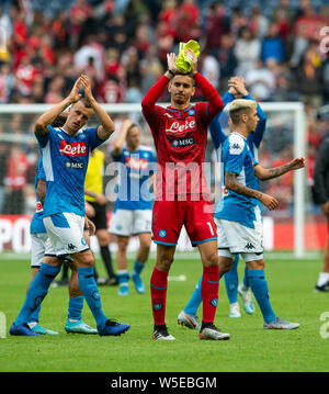 Edinburgh, UK. 28th July, 2019. EDINBURGH, SCOTLAND - JULY 28: Napoli goalkeeper, Alex Meret, salutes the fans after his side comfortably beat Liverpool by 3 goals to 1 in the Pre-Season Friendly match between Liverpool FC and SSC Napoli at Murrayfield on July 28, 2019 in Edinburgh, Scotland. (Photo by Alamy/Ian Jacobs) Credit: Ian Jacobs/Alamy Live News Stock Photo