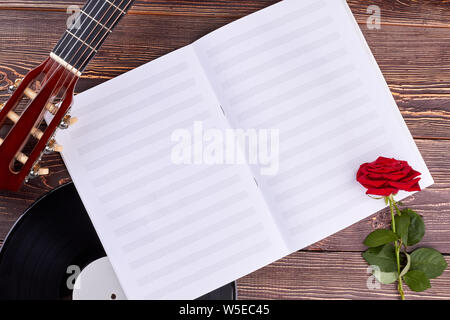 Musical composition on wooden background. Stock Photo