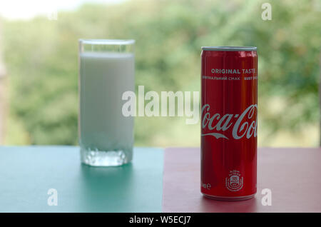 KHARKIV, UKRAINE - JULY 20, 2019: Coca cola red tin can and cup of fresh milk on colored surface with background of green garden. Healthy and unhealth Stock Photo