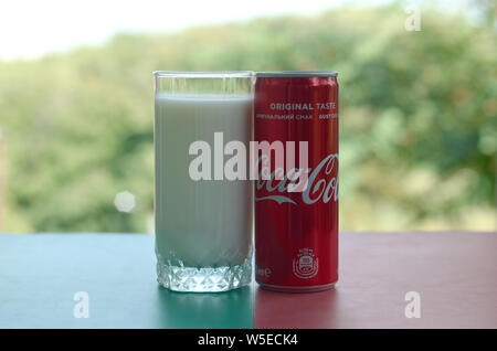 KHARKIV, UKRAINE - JULY 20, 2019: Coca cola red tin can and cup of fresh milk on colored surface with background of green garden. Healthy and unhealth Stock Photo