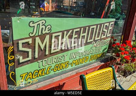 Idaho, Wallace, historic mining town founded 1884, Smoke House BBQ & Saloon, old sign Stock Photo