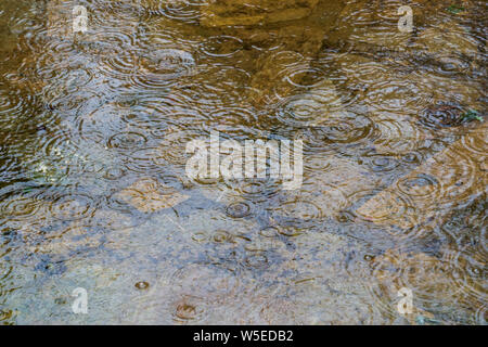 Rain drops splashing on the surface of water in a puddle texture background. Stock Photo