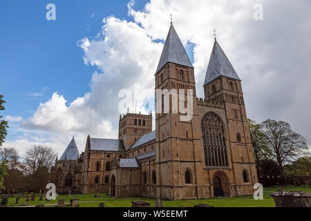 The west front, with the towers known locally as Pepperpots at the Cathedral Church of Southwell Minster, Southwell, Nottinghamshire, England, UK Stock Photo