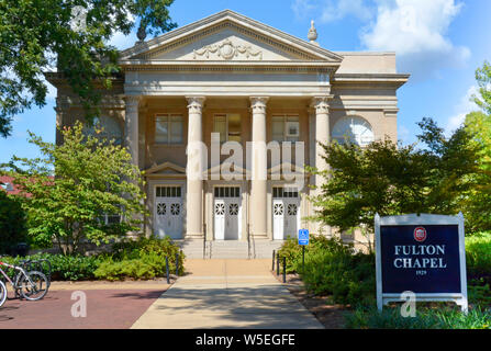 Blue signboard for Fulton Chapel, a theatrical venue for the performing arts, on the campus of Ole Miss, University of Mississippi, Oxford, MS Stock Photo