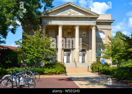 Bicycles parked before the Fulton Chapel, a theatrical venue for the performing arts, on the campus of Ole Miss, University of Mississippi, Oxford, MS Stock Photo