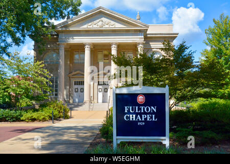 Blue signboard for Fulton Chapel, a theatrical venue for the performing arts, on the campus of Ole Miss, University of Mississippi, Oxford, MS Stock Photo