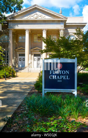 Blue signboard for Fulton Chapel, a theatrical venue for the performing arts, on the campus of Ole Miss, University of Mississippi, Oxford, MS Stock Photo