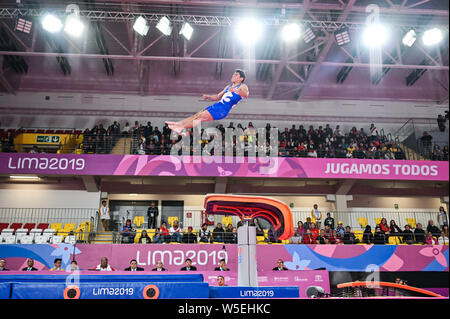 Lima, Peru. 28th July, 2019. JORGE VEGA from Guatemala competes on the vault during the team finals competition held in the Polideportivo Villa El Salvador in Lima, Peru. Credit: Amy Sanderson/ZUMA Wire/Alamy Live News Stock Photo