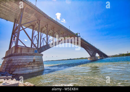 An international Peace Bridge between Canada and the United States at the east end of Lake Erie Stock Photo