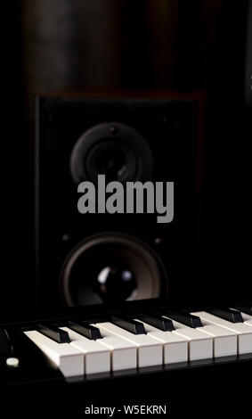 Piano keys and audio speaker closeup on dark background Stock Photo