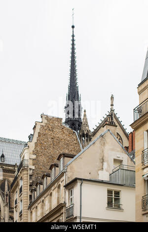 Notre Dame Cathedral on Ile de la Cite from street level with apartment buildings, Paris, France Stock Photo