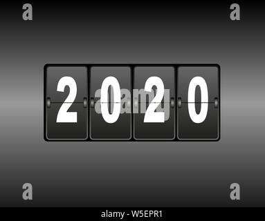 Year change on the calendar counter. The new year 2020 is coming. White numbers, black gradient background. Stock Vector