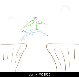 Man jumping over abyss, hand-drawn vector illustration. Color outlines and white background. Stock Vector