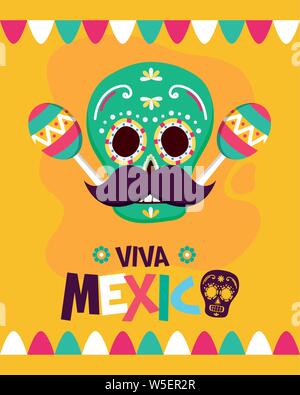 sugar skull maracas mustache celebration viva mexico Stock Vector