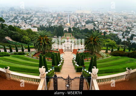 Beautiful panoramic picture of the Bahai Gardens in Haifa Israel. View from a height of a staircase with terraces extending all the way down the golde Stock Photo