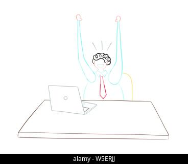 Businessman working on computer and happy, hand-drawn vector illustration. Color outlines and white background. Stock Vector