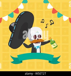 skeleton with hat mustache and drink celebration viva mexico Stock Vector