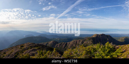 Beautiful Panoramic view of Canadian Mountain Landscape during a vibrant summer day. Taken at Mt Arrowsmith, near Nanaimo, Vancouver Island, BC, Canad Stock Photo