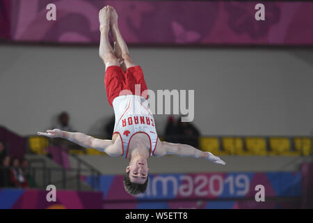 Lima, Peru. 28th July, 2019. SAM ZAKUTNEY from Canada warms up on the floor during the team finals competition held in the Polideportivo Villa El Salvador in Lima, Peru. Credit: Amy Sanderson/ZUMA Wire/Alamy Live News Stock Photo
