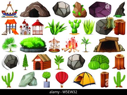 Collection of outdoor nature themed objects and plant elements illustration Stock Vector