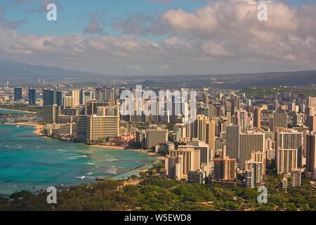 View from diamond head to Waikiki Beach and Honolulu Stock Photo