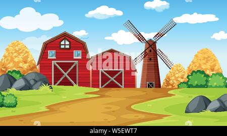 Farm scene with barn, hay, park and windmill illustration Stock Vector