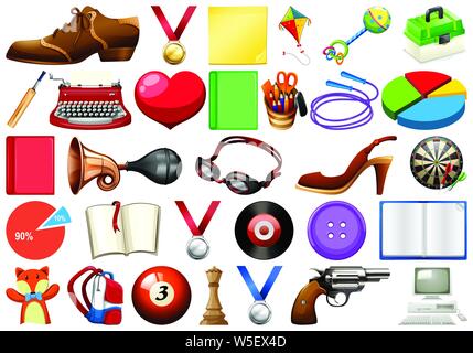 Assorted office, home and school related objects and toys isolated illustration Stock Vector