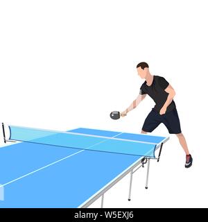 Table tennis player with racket, ball and blue table for ping pong game, vector illustration isolated on white background. Young man playing table ten Stock Vector