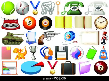 Assorted office, home and school related objects and toys isolated illustration Stock Vector