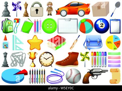 Assorted office, home and school related objects and toys isolated illustration Stock Vector