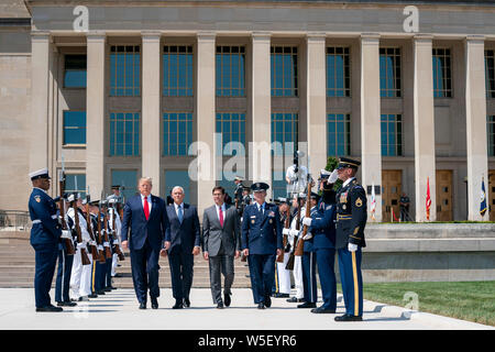 Arlington, United States Of America. 25th July, 2019. President Donald J. Trump, joined by Vice President Mike Pence, Secretary of Defense Mark Esper, and Vice Chairman of the Joint Chiefs of Staff Air Force Gen. Paul Selva, arrive to the Full Honors Ceremony for the Secretary of Defense Thursday, July 25, 2019, at the Pentagon in Arlington, Va People: President Donald J. Trump, Vice President Mike Pence Credit: Storms Media Group/Alamy Live News Stock Photo