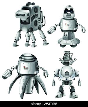 Set of futuristic robots on white illustration Stock Vector