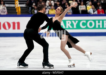 French ice dancers Gabriella Papadakis and Guillaume Cizeron compete in the Ice Dance Rhythm Dance of the ISU 2019 World Figure Skating Championships Stock Photo