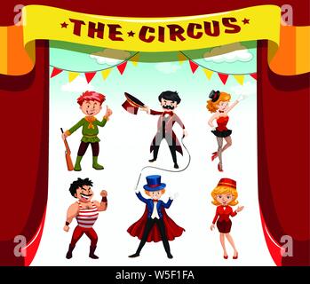 Circus, fun fair, amusement park themed characters illustration Stock Vector