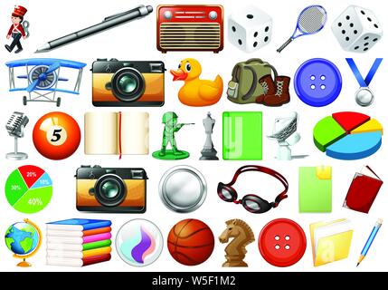 Assorted office, home and school related objects and toys isolated illustration Stock Vector