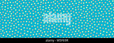 Hand drawn yellow and saffron colored polka dots in irregular border layout. Seamless vector pattern on aqua blue background. Great for wellness Stock Vector