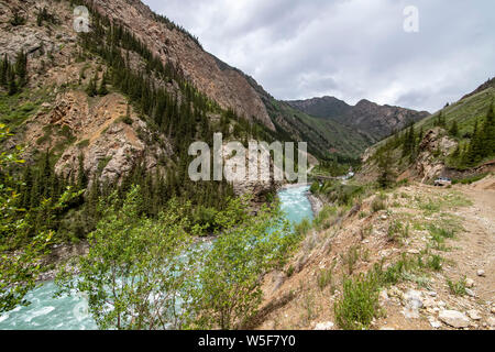 View of the Naryn River flowing through a mountain gorge. Kyrgyzstan Stock Photo